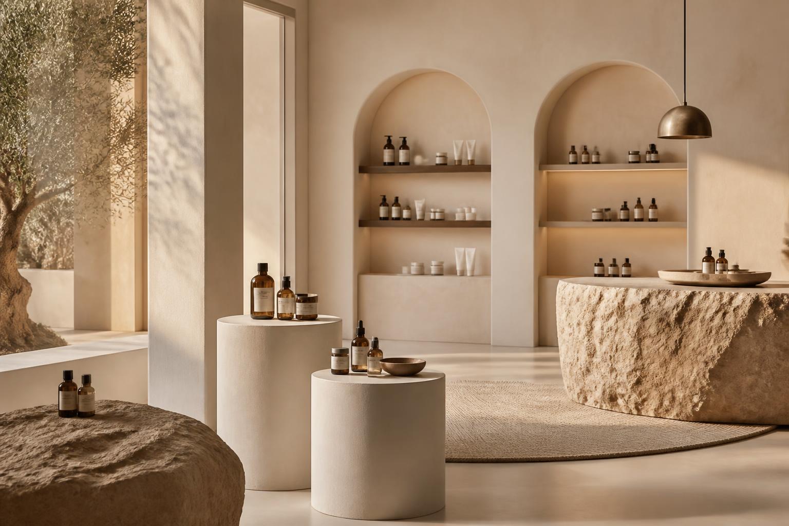 Beauty store interior with skincare products on plinths